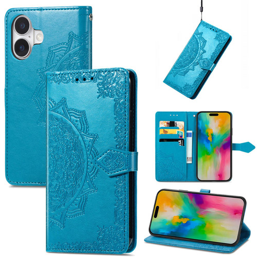 iPhone 17 Mandala Flower Embossed Leather Phone Case - Blue