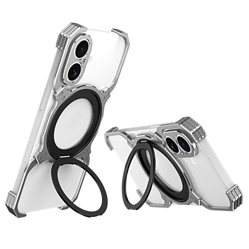 iPhone 17 Mechanical Arm Borderless MagSafe Holder Metal Phone Case - Silver