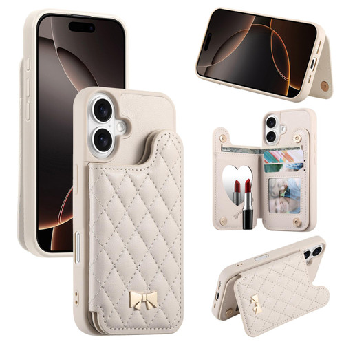 iPhone 17 Mirror Rhombic Texture Metal Bow-knot Vegan Leather Card Bag Phone Case - Beige