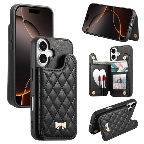iPhone 17 Mirror Rhombic Texture Metal Bow-knot Vegan Leather Card Bag Phone Case - Black