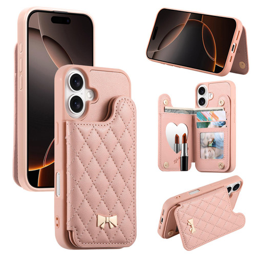 iPhone 17 Mirror Rhombic Texture Metal Bow-knot Vegan Leather Card Bag Phone Case - Pink