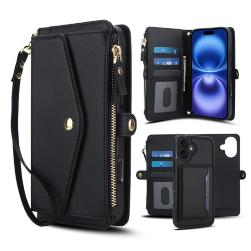 iPhone 17 Multifunctional Wallet Detachable Leather Phone Case with Lanyard - Black