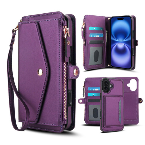 iPhone 17 Multifunctional Wallet Detachable Leather Phone Case with Lanyard - Dark Purple