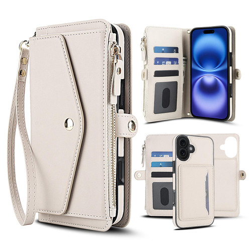 iPhone 17 Multifunctional Wallet Detachable Leather Phone Case with Lanyard - White