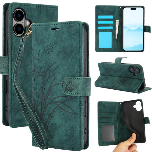 iPhone 17 Orchid Butterfly Embossed Leather Phone Case - Green