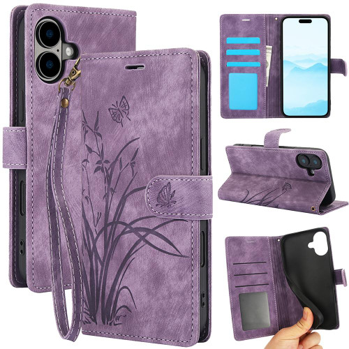 iPhone 17 Orchid Butterfly Embossed Leather Phone Case - Purple