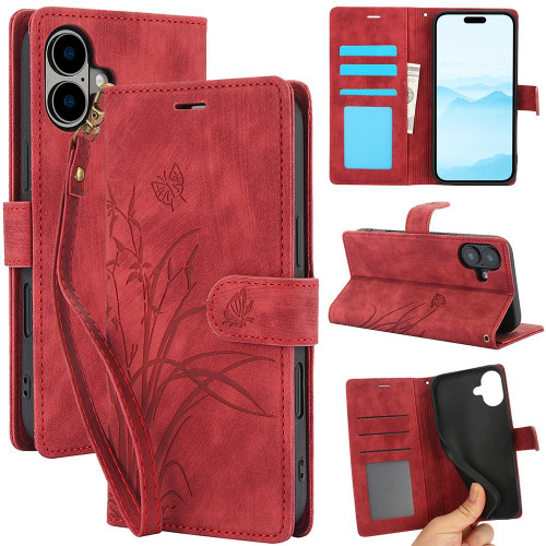 iPhone 17 Orchid Butterfly Embossed Leather Phone Case - Red