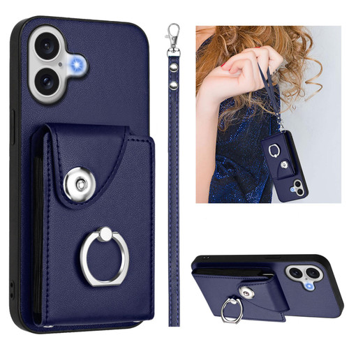 iPhone 17 Organ Card Bag Ring Holder PU Phone Case with Lanyard - Blue