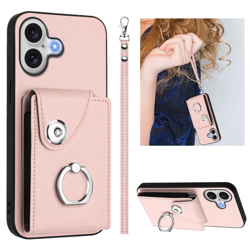 iPhone 17 Organ Card Bag Ring Holder PU Phone Case with Lanyard - Pink