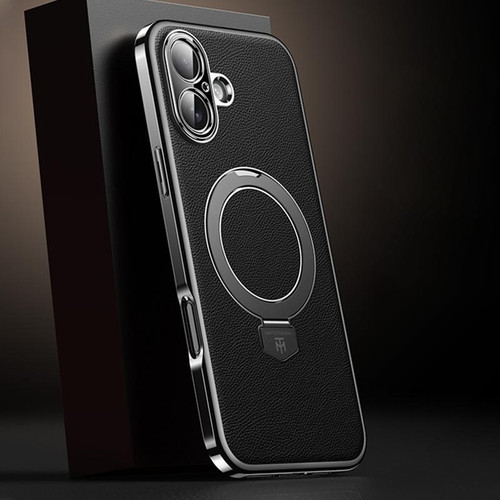 iPhone 17 Plain Leather MagSafe Holder Phone Case - Black