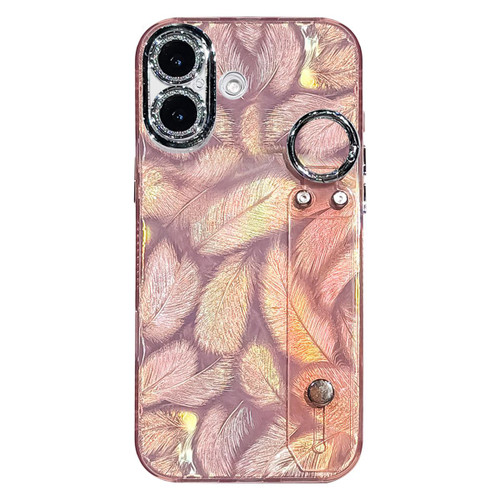 iPhone 17 Plating Feather Texture Wristband Holder TPU Phone Case with Lens Film - Pink