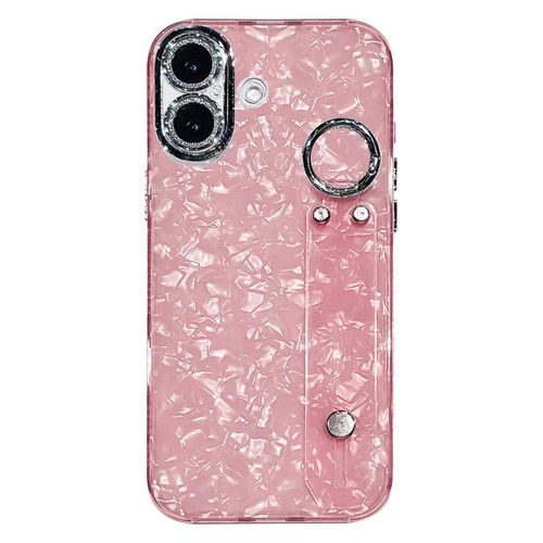 iPhone 17 Plating Shell Texture Wristband Holder TPU Phone Case with Lens Film - Pink