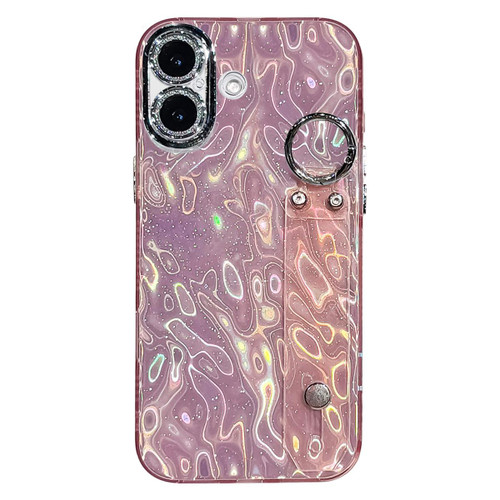 iPhone 17 Plating Wrinkled Texture Wristband Holder TPU Phone Case with Lens Film - Pink