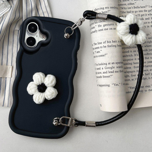 iPhone 17 Plush Flower Wavy TPU Phone Case with Lanyard - Black