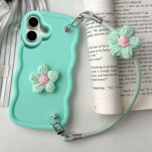 iPhone 17 Plush Flower Wavy TPU Phone Case with Lanyard - Green