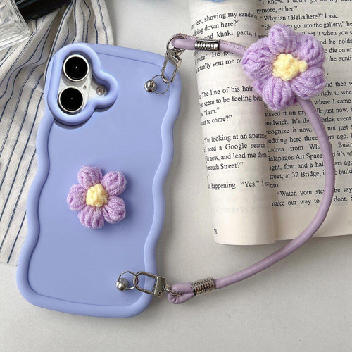 iPhone 17 Plush Flower Wavy TPU Phone Case with Lanyard - Light Purple