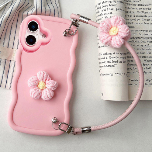 iPhone 17 Plush Flower Wavy TPU Phone Case with Lanyard - Pink