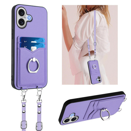 iPhone 17 R20 Crossbody Rope Ring Card Holder Phone Case - Purple