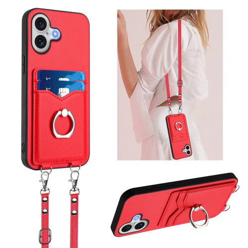 iPhone 17 R20 Crossbody Rope Ring Card Holder Phone Case - Red