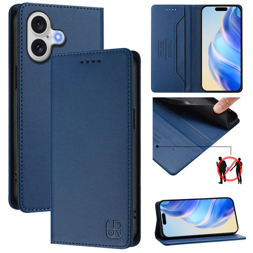 iPhone 17 RC01 Dual-Folded Magnetic Suction RFID Leather Phone Case - Dark Blue