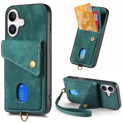 iPhone 17 Retro Card Wallet Fold Leather Phone Case with Strap - Green