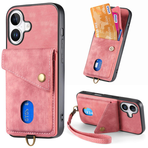 iPhone 17 Retro Card Wallet Fold Leather Phone Case with Strap - Pink