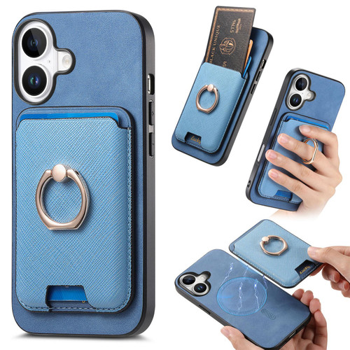 iPhone 17 Retro Cross Leather Card Bag MagSafe Phone Case - Blue