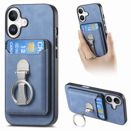 iPhone 17 Retro Folding Ring Holder Card Bag MagSafe Phone Case - Blue