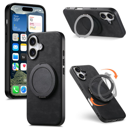 iPhone 17 Retro Leather Rotation Round Holder Phone Case - Black