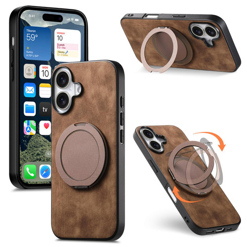 iPhone 17 Retro Leather Rotation Round Holder Phone Case - Brown