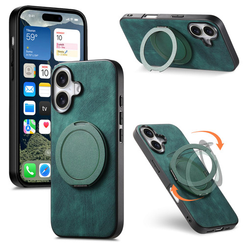 iPhone 17 Retro Leather Rotation Round Holder Phone Case - Green