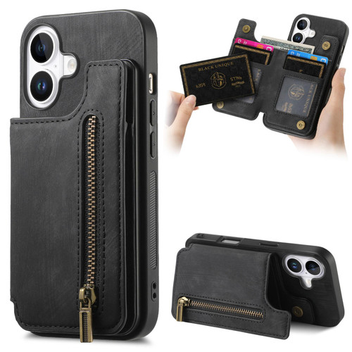 iPhone 17 Retro Leather Zipper Wallet Back Phone Case - Black