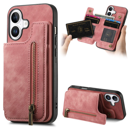 iPhone 17 Retro Leather Zipper Wallet Back Phone Case - Pink