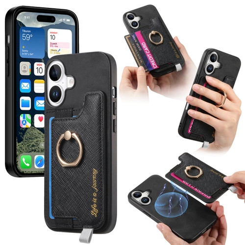 iPhone 17 Retro Magsafe Cross Leather Ring Holder Card Bag Phone Case - Black