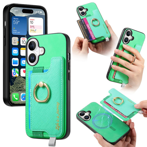 iPhone 17 Retro Magsafe Cross Leather Ring Holder Card Bag Phone Case - Green