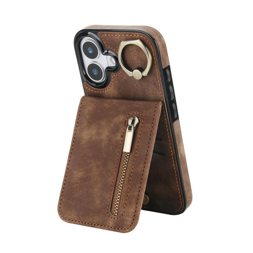 iPhone 17 Retro Ring and Zipper RFID Card Slot Phone Case - Brown
