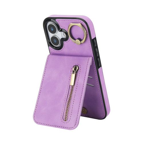 iPhone 17 Retro Ring and Zipper RFID Card Slot Phone Case - Purple