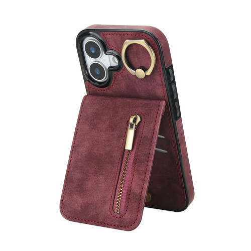 iPhone 17 Retro Ring and Zipper RFID Card Slot Phone Case - Wine Red