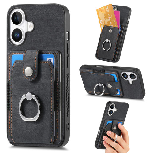 iPhone 17 Retro Skin-feel Ring Card Wallet Phone Case - Black