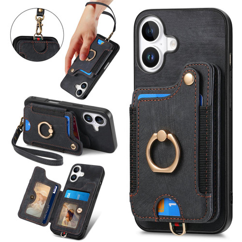 iPhone 17 Retro Skin-feel Ring Multi-card Wallet Phone Case - Black