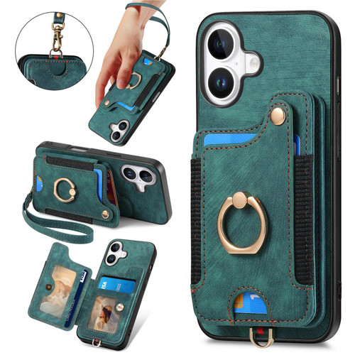 iPhone 17 Retro Skin-feel Ring Multi-card Wallet Phone Case - Green