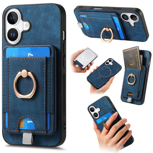 iPhone 17 Retro Splitable Magnetic Card Bag Leather Phone Case - Blue
