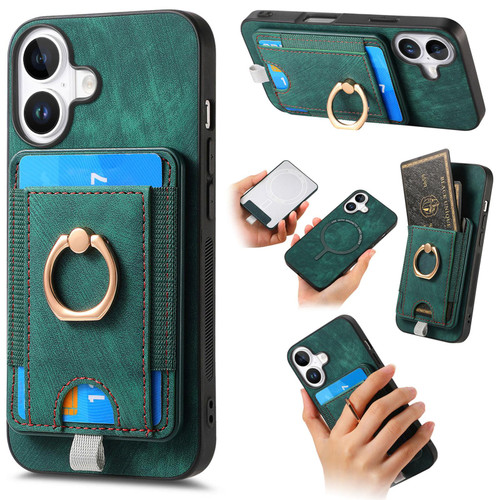 iPhone 17 Retro Splitable Magnetic Card Bag Leather Phone Case - Green