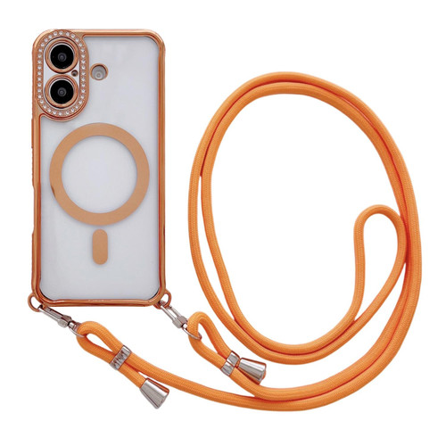 iPhone 17 Rhinestone Clear Acrylic Electroplated Magnetic Phone Case with Neck Lanyard - Orange