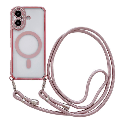 iPhone 17 Rhinestone Clear Acrylic Electroplated Magnetic Phone Case with Neck Lanyard - Pink