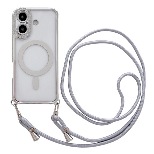 iPhone 17 Rhinestone Clear Acrylic Electroplated Magnetic Phone Case with Neck Lanyard - Silver