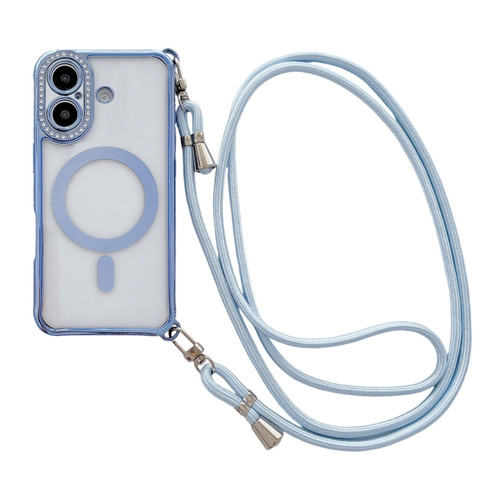 iPhone 17 Rhinestone Clear Acrylic Electroplated Magnetic Phone Case with Right-Side Crossbody Lanyard - Blue