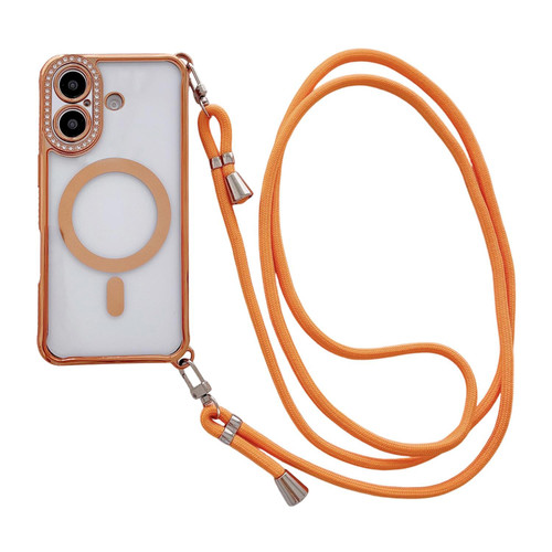 iPhone 17 Rhinestone Clear Acrylic Electroplated Magnetic Phone Case with Right-Side Crossbody Lanyard - Orange