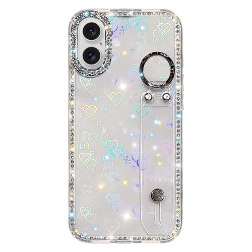 iPhone 17 Rhinestone Glitter Wristband Holder Phone Case - Heart Transparent