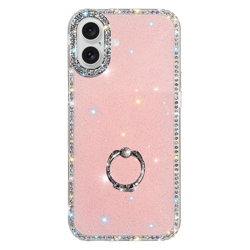 iPhone 17 Rhinestone Ring Holder Dual-side IMD PC Hybrid TPU Phone Case - Glitter Light Pink